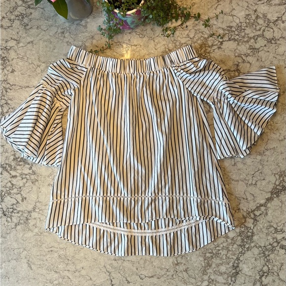 Chelsea28 Off the Shoulder High-Low Striped Top with Frilly Flowy Sleeves - XS - Picture 3 of 7